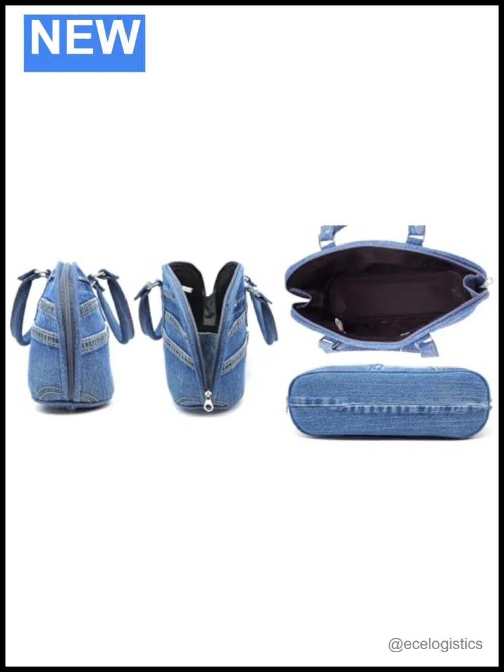 Upcycled Denim Satchel Handbag Top Handle Purse Curved Zipper
